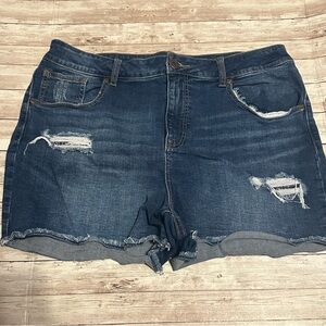 Distressed Blue Jean Shorts with Frayed Hem